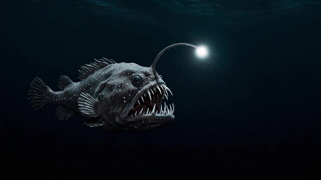 Deep-sea anglerfish swimming in dark ocean depths