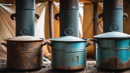 Fototapeta premium Three vintage metal pots with lids, arranged in a row in front of a tent-like background.