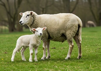 Obraz premium A mother sheep and her lamb stand together in a lush green field with trees in the background