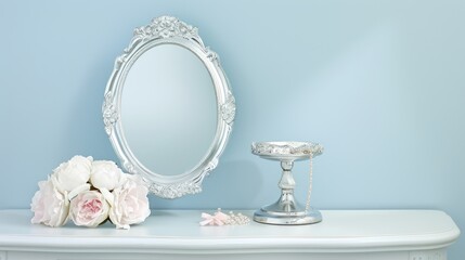 Elegant Silver Mirror with White Flower Bouquet and Jewelry Display on Light Blue Table