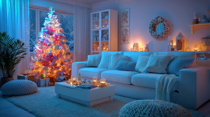 Cozy living room is adorned with beautifully lit Christmas tree, creating warm and festive atmosphere. Soft lighting and plush furnishings enhance inviting ambiance, perfect for holiday relaxation