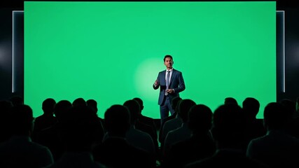 Confident male entrepreneur on stage delivering a compelling presentation to an audience with a large green chroma key screen - Powered by Adobe