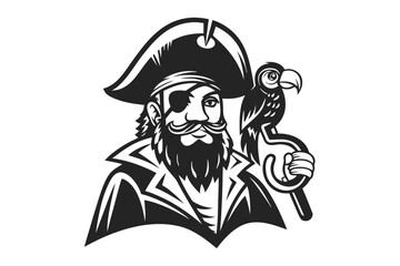 Monochrome Pirate Captain with Parrot, Eye Patch, Sword on White Background