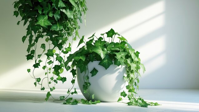 A potted ivy plant with trailing vines placed on a white surface near a wall with sunlight and shadows.