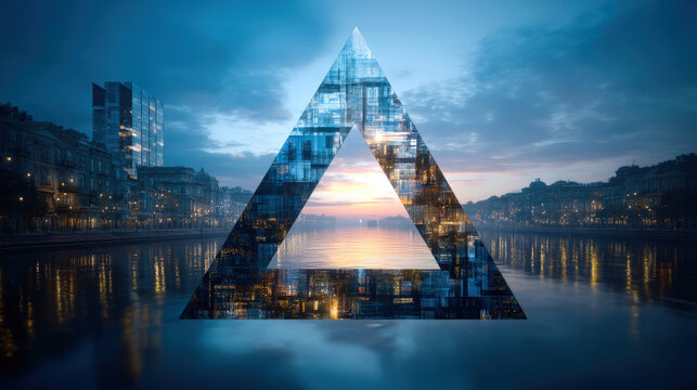 Stunning abstract panoramic background featuring triangular shape overlaying serene cityscape at dusk. reflection on water enhances futuristic atmosphere, creating captivating visual experience