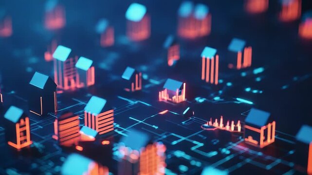 Futuristic smart city connecting buildings through digital network