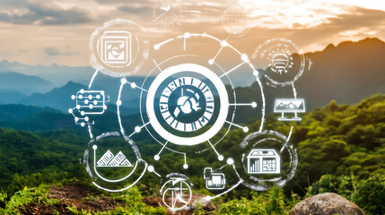 Technological Integration in Nature: A Visual Representation of Smart Systems Overlooking a Mountainous Landscape