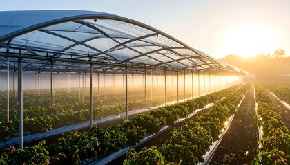 Growing Plant Inside a Greenhouse at Sunrise