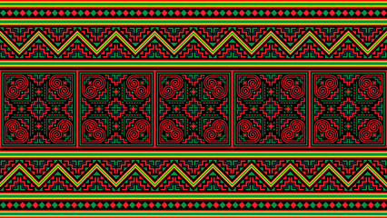 Green, red, bright Hmong patterns on a black background for decorating clothes, printed fabrics, backgrounds, wallpapers.