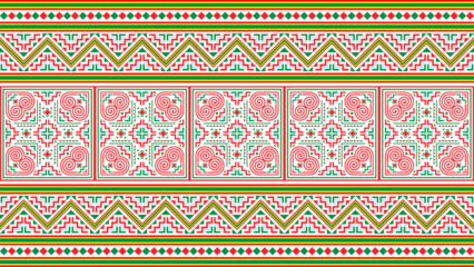 Green, red, bright Hmong patterns on transparent background for decorating clothes, printed fabrics, backgrounds, wallpapers.