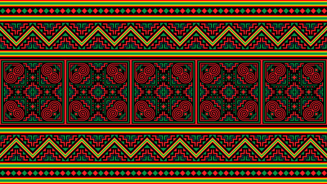 Green, red, bright Hmong patterns on a black background for decorating clothes, printed fabrics, backgrounds, wallpapers.