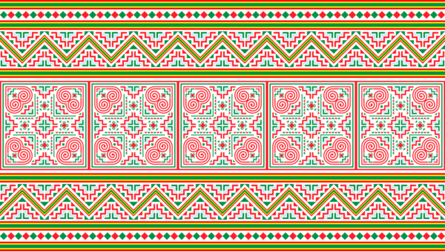 Green, red, bright Hmong patterns on transparent background for decorating clothes, printed fabrics, backgrounds, wallpapers. - Powered by Adobe