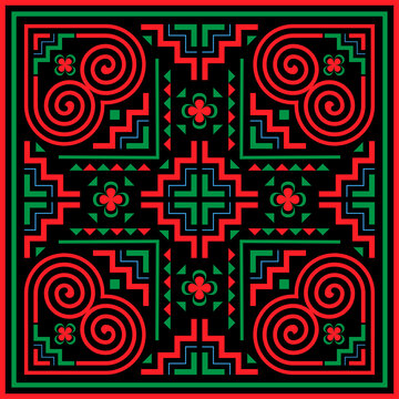 Green and red Hmong patterns on a black background for decorating clothes, printed fabrics, backgrounds, wallpapers.