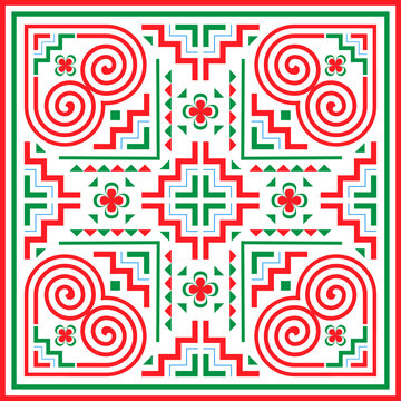 Green and red Hmong patterns on transparent background for decorating clothes, printed fabrics, backgrounds, wallpapers.