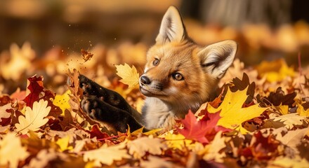 A captivating close-up of a playful fox cub nestled among vibrant autumn leaves, its curious gaze and adorable paw adding charm, creating a heartwarming scene in nature's embrace .