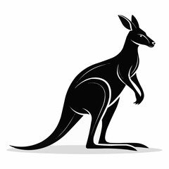 Stylized black kangaroo standing upright with a long tail and large feet on a white background art