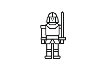Outlined Knight Icon in Armor Suit with Sword, Square Style, on White Background