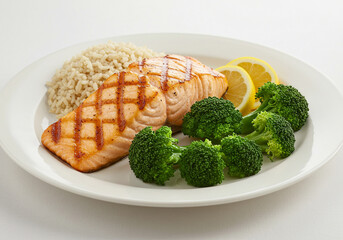 Grilled Salmon with Brown Rice and Broccoli: A classic, simple presentation of two fillets of grilled salmon with prominent sear marks, served on a white plate alongside a scoop of brown rice, fresh s