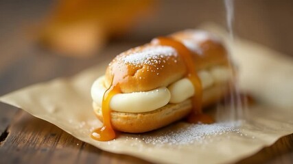 A close-up view of a freshly baked pastry on a piece of paper, great for food-related content or as a decorative element