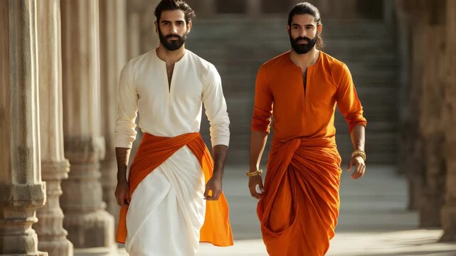 Men&rsquo;s dhoti-kurta combo in bright orange and white on a light warm background