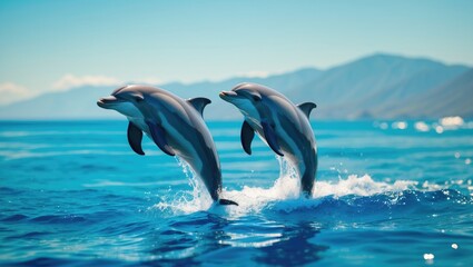 Fototapeta premium Two dolphins jumping out of the water in the ocean with a mountainous background.