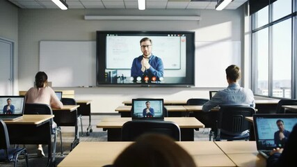 Students learning online in classroom using laptops and screen. - Powered by Adobe