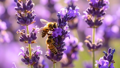 Bees Pollinating Vibrant Purple Lavender