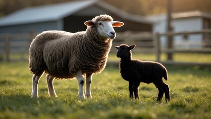 Obraz premium A sheep and a black lamb standing on a field with a fence and farm buildings in the background.