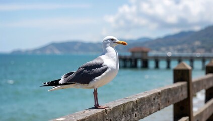 A seagull perched on a weathered wooden railing overlooks a blurred pier extending into the sea.
