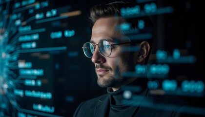 Focused Man Analyzing Data with Digital Interface in Modern Workspace Environment