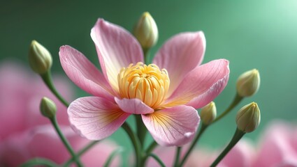 Obraz premium Pink lotus flower with buds and green background.