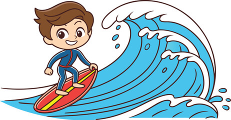 Cartoon Boy Surfing on Big Ocean Wave