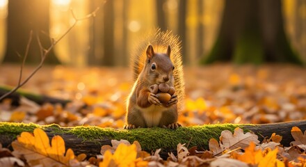 A cute red squirrel sitting on a mossy log holding acorns in its paws, surrounded by colorful autumn leaves in a warm sunny forest setting reflecting nature's beauty