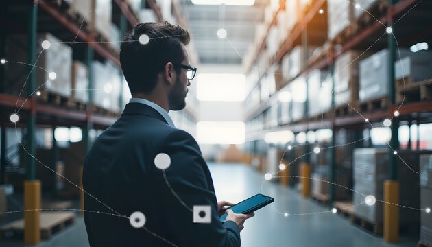 Businessman in Warehouse Using Smartphone with Digital Network Connection Concept