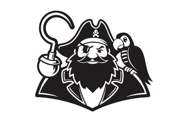Pirate Mascot Cartoon with Hook, Parrot, Eye Patch in Retro Black and White Style