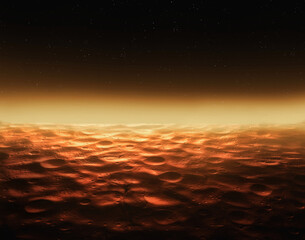 Fototapeta premium Martian surface at dawn, orbital view. Cratered landscape of the red planet. Cold desert of the fourth planet from the sun.