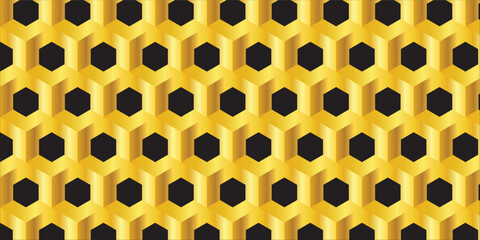 Seamless golden honeycomb hexagonal pattern with 3D abstract design, ideal for luxury backgrounds, modern layouts, and decorative projects.