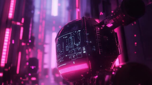 Futuristic robot exploring neon lit cityscape at night
