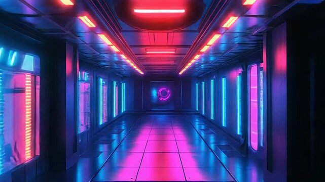 Futuristic sci fi corridor with pink and blue neon lights
