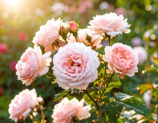 Obraz premium Beautiful pastel pink roses in garden sunlight