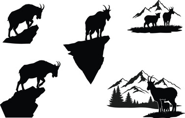 Silhouette mountain goats standing on cliffs and nature landscapes with forest trees and mountain ranges in wilderness vector illustration set.