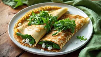 Plate of crepes rolled with leafy greens and cheese, served on a wooden table with a green cloth. Traditional food, breakfast, healthy meal, and cuisine concept.
