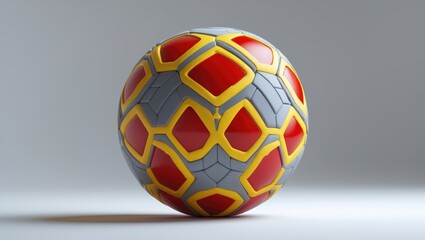 A geometric patterned spherical object with red, yellow, and gray colors on a plain gray background.