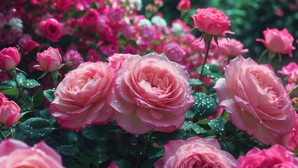 Pink roses blooming among green leaves with water droplets, creating a vibrant garden scene.