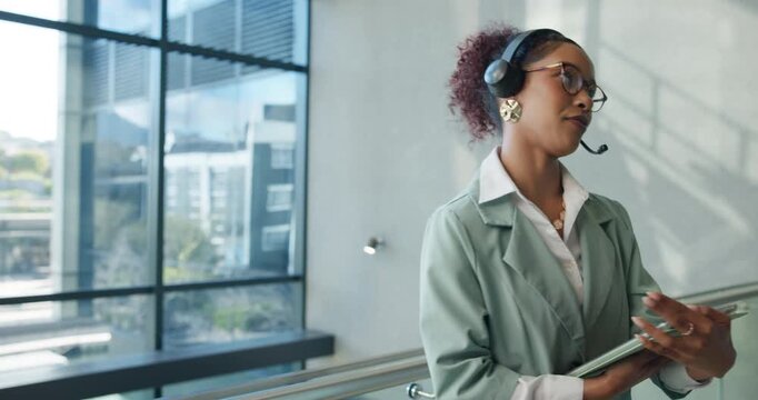 Headset, tablet and businesswoman in office with contact for company occasion with vendor research. Digital technology, mic and female event coordinator with communication for schedule in workplace.