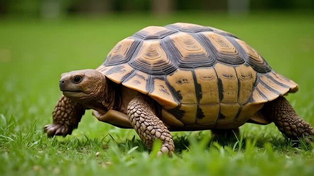 A tortoise slowly walks across a lush green grassy field on a sunny day.
