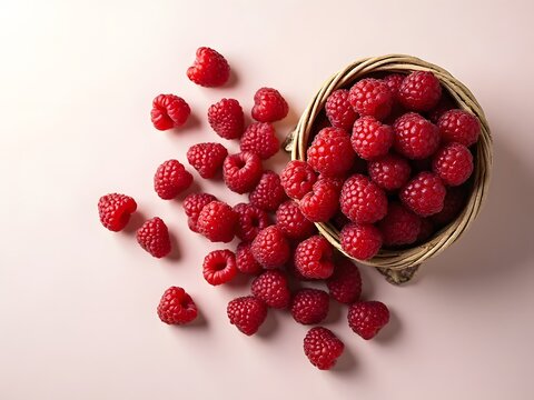 Top-Down Raspberry Flow: Aerial view of fresh raspberries spilling from a small basket, arranged on one side of the image, bright red tones, natural textures.