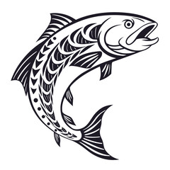 Stylized jumping salmon fish illustration with tribal patterns