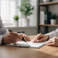 Close-up photo focusing only on the hands of a doctor and patient during a medical consultation. The doctor holds a pen and points at medical documents or a clipboard while the patient&rsquo;s hands rest on