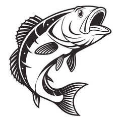 Black and white illustration of a leaping bass fish